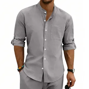Men's casual gray linen stand collar shirt with a chest pocket and roll-up sleeves