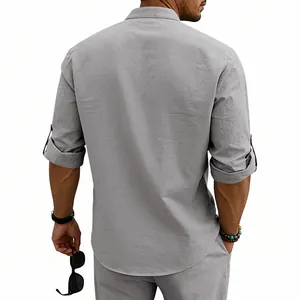 Back view of a grey men's linen stand collar shirt showing fabric texture and regular fit