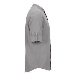 Side profile of a gray linen stand collar shirt with rolled sleeves detail