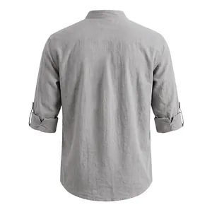 Back view of a men's gray linen shirt featuring a stand collar and roll-up sleeves