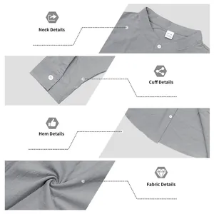 Detailed close-ups of the stand collar, cuff, hem, and breathable linen fabric texture