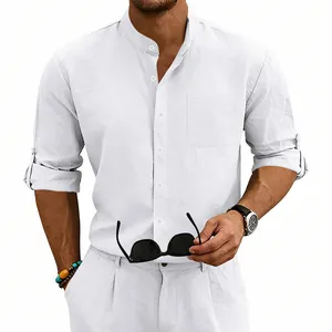 Men's white linen stand collar long sleeve shirt for summer casual wear.