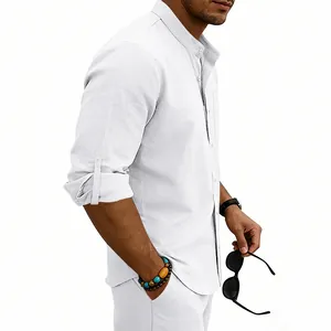 Detailed macro view of a men's casual white linen shirt with a stand collar design