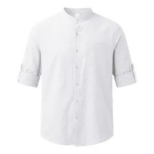 Front view of men's white linen stand collar shirt with chest pocket and rolled sleeves