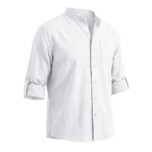 Detailed view of white linen shirt for men with mandarin collar and rolled-up sleeves