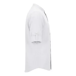 Close-up side profile view of a men's light grey linen shirt with rolled-up sleeves