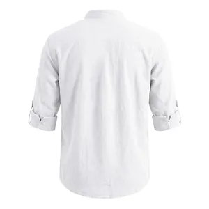 Back view details of a men's white linen stand collar casual shirt with rolled-up sleeves
