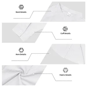 Close-up details of white linen stand collar shirt showing neck, cuffs and fabric