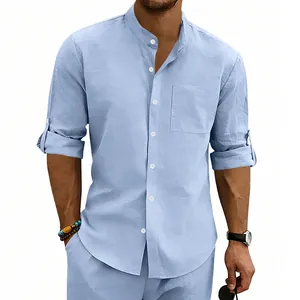 Detailed macro view of men's summer light blue linen shirt with a stylish mandarin collar