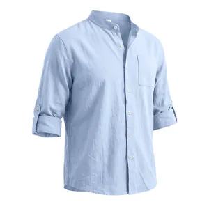 Detailed view of a light blue linen stand collar shirt for men featuring a chest pocket