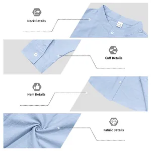 Detailed macro view of light blue linen shirt fabric, neck, and cuff details