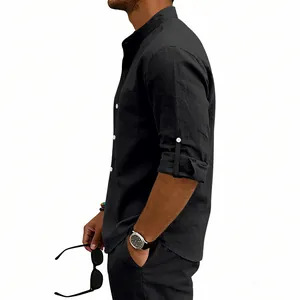 Men's black linen stand collar shirt featuring rolled-up sleeves and side pocket detail