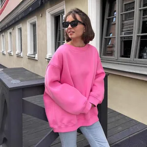Women Oversized Round Neck Polyester Sweatshirt Loose Long Sleeve Solid Color Streetwear Winter Warm Pullover Tops