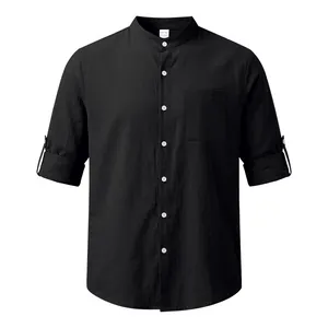 Casual men's black stand collar shirt with roll-up sleeves and front chest pocket detail
