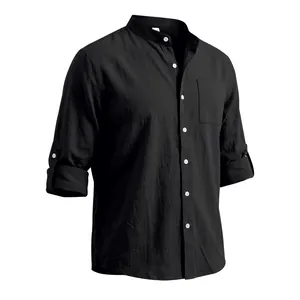 Close-up of men's black linen shirt with stand collar and button-up front design.