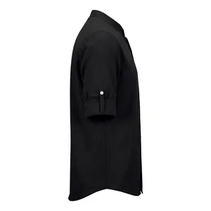 Side profile of men's black linen shirt featuring rolled-up sleeves with button tabs