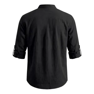 Detailed rear view of a black linen stand collar shirt with rolled-up sleeves for men