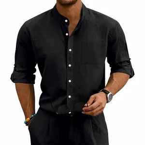 Mens casual black linen shirt featuring a stand collar and chest pocket on model