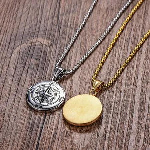 Collier pendentif boussole Viking en acier inoxydable pour hommes en argent et or