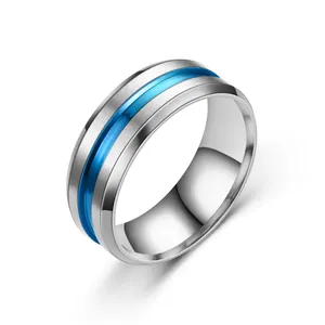 Elegant brushed titanium steel ring for men with a vibrant blue grooved center design.