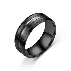 Sleek black titanium steel ring for men with silver groove and slanted edges design