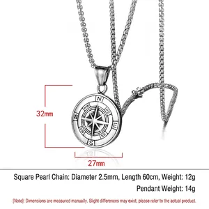 Collier pendentif boussole viking en acier inoxydable avec chaîne de 60cm pour homme