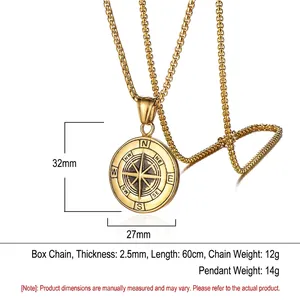 Dimensions détaillées et spécifications du collier boussole en acier inoxydable doré