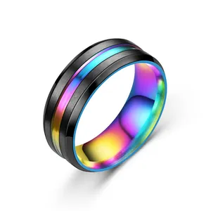 Black brushed titanium steel ring for men with rainbow grooved center and interior