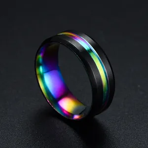 Close-up of a black titanium steel ring featuring a vibrant rainbow grooved design.