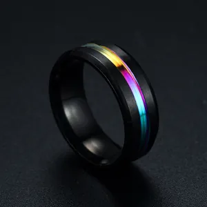Close-up of black matte titanium steel ring with iridescent rainbow center groove