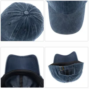 Detailansicht einer gewaschenen blauen Denim-Baseballkappe mit verstellbarem Riemen