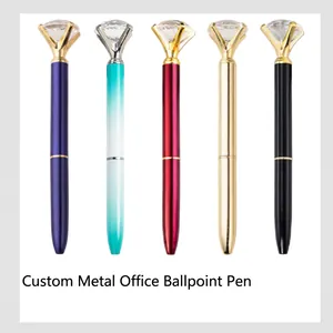 Close-up detail of luxury diamond-topped metal ballpoint pens in five different vibrant colors.