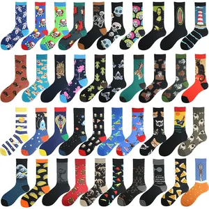 Assorted fashionable novelty crew socks featuring funny animal and pop culture patterns