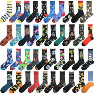 Variety of colorful novelty crew socks featuring creative animal and space patterns