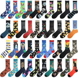 Variety of colorful men's funny crew socks with artistic and animal patterns.