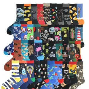 Collection of funny novelty crew socks for men featuring various animal and food patterns