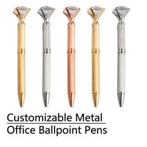 Set of five elegant metal ballpoint pens featuring a large crystal top and knurled grip.