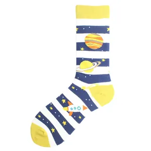 Fun space planet and rocket pattern crew sock with navy stripes on white background