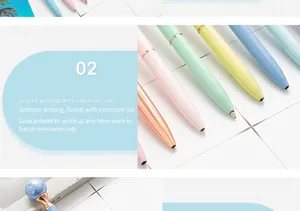 Detailed close-up of colorful candy-colored pearl metal ballpoint pens with smooth writing tips