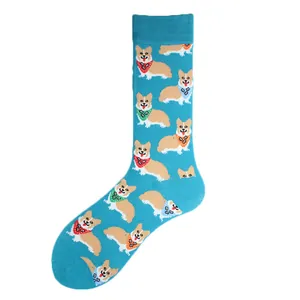 Detailed close-up of vibrant blue crew socks featuring a cute repeating Corgi pattern