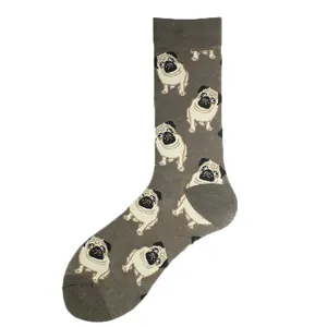 Mens crew socks featuring a cute all-over pug dog pattern on a grey background