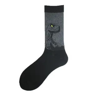 Black and grey mid-calf sock featuring a stylized dinosaur graphic design for men