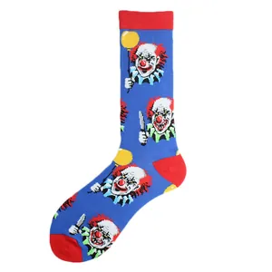 Detailed view of blue crew socks featuring a scary horror clown with red hair pattern