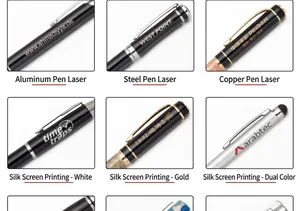 Custom metal ballpoint pen logo printing methods including laser and silk screen.