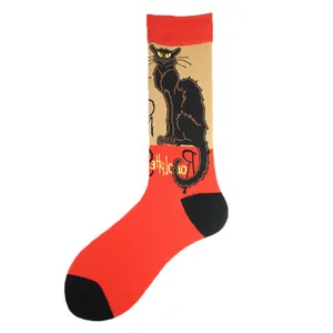 Detailed view of crew sock featuring an artistic black cat print on red background.