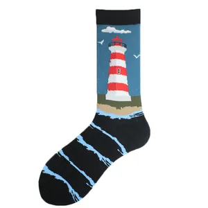 Detailed close-up showing the lighthouse and ocean pattern on stylish crew socks