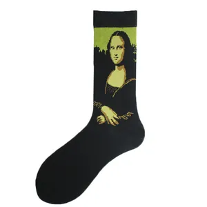 Detail view of Mona Lisa portrait knitted on a black mid-calf novelty crew sock