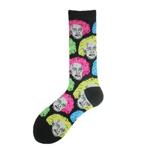 Close-up of colorful pop art Albert Einstein portrait patterns on black crew socks