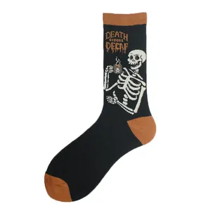Close-up detail of skeleton drinking coffee with Death Before Decaf text on black sock