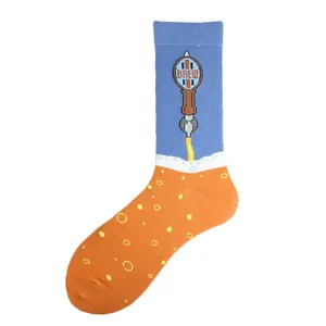 Detailed view of novelty mid-calf sock with creative beer tap and bubble design.